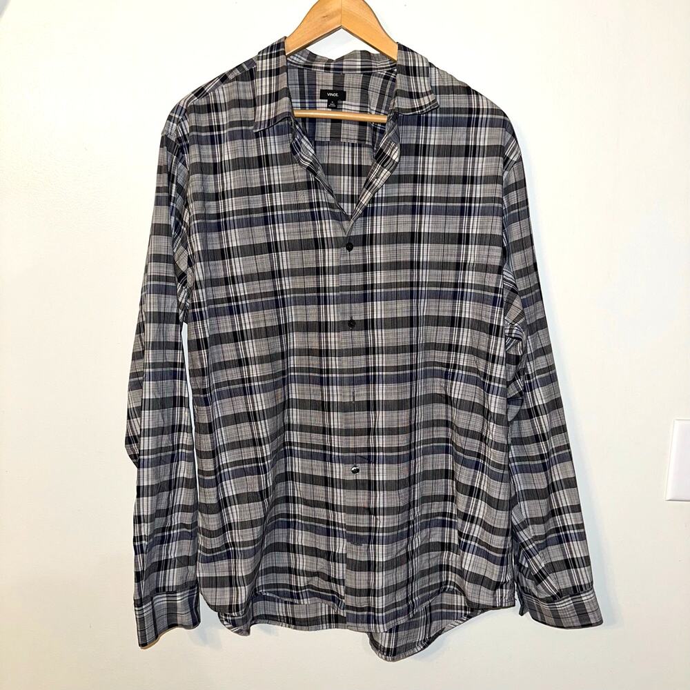 Vince Plaid Button Down Shirt Blouse Black Gray Cream Size XL